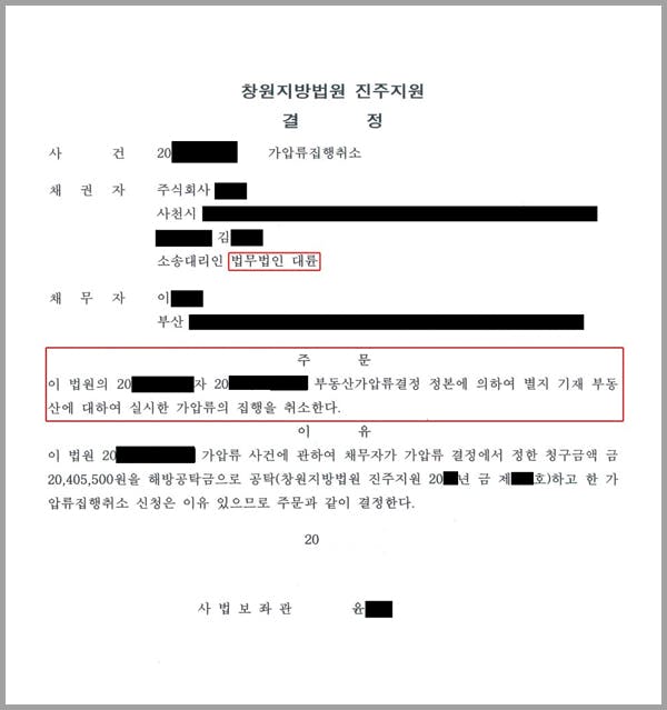 채권자인 의뢰인이 부동산가압류결정 정본에 의하여 부동산에 대하여 실시한 가압류의 집행을 취소한다는 청구소송을 저희 법무법인 대륜에 의뢰한 사안입니다.